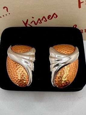 Monet Hammered Copper &Silver Modernist CLIP Earrings